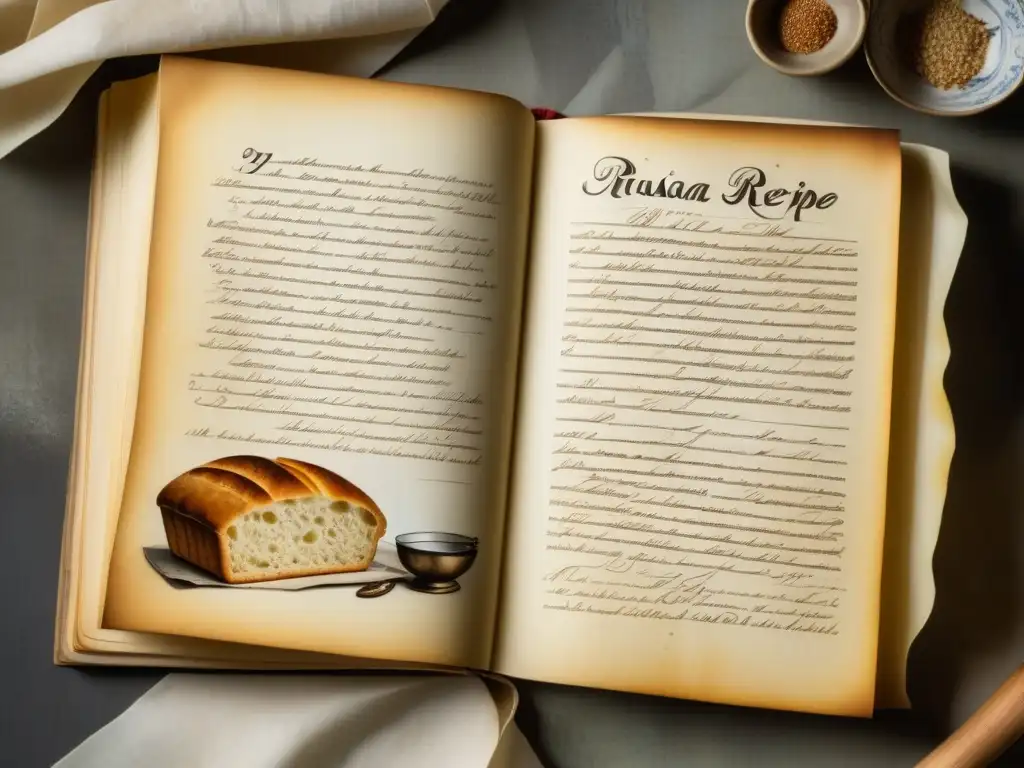 Recetas históricas pan ruso siglo XIX: Detalle de libro antiguo con receta de pan ruso escrita a mano y detallados dibujos