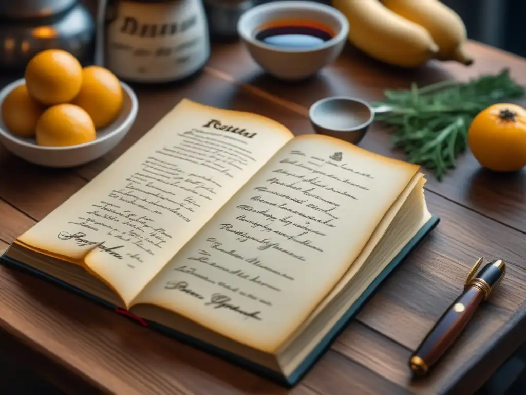 Recetas históricas con tecnología moderna: Páginas amarillentas de un antiguo libro de recetas manuscritas en una mesa de madera