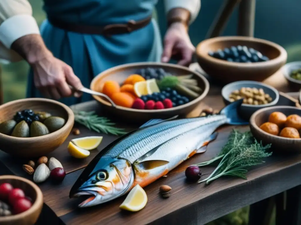 Recetas de pescado era Vikinga: Detalle de una mesa festiva vikinga con platillos tradicionales y coloridos ingredientes naturales