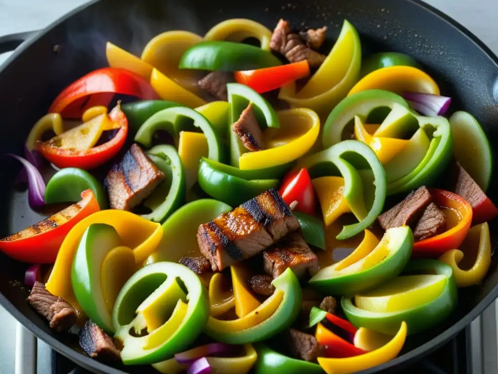 Recetas TexMex históricas redescubiertas: Sartén de fajitas con ingredientes coloridos cocinándose en estufa