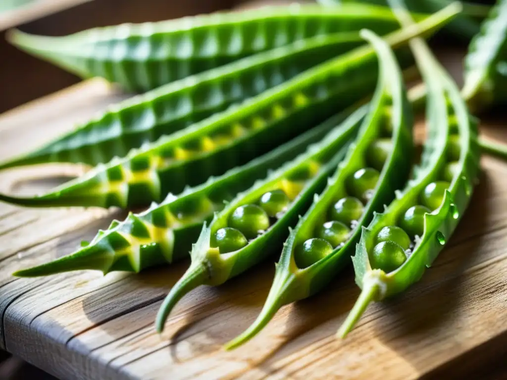 Okras recién cosechadas en mesa rústica, con texturas y detalles brillantes