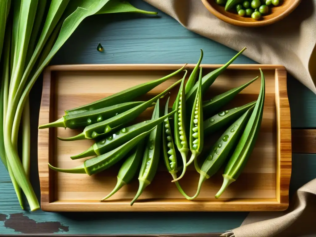 Okras recién cosechadas sobre tabla rústica, reflejando raíces africanas en cocina americana