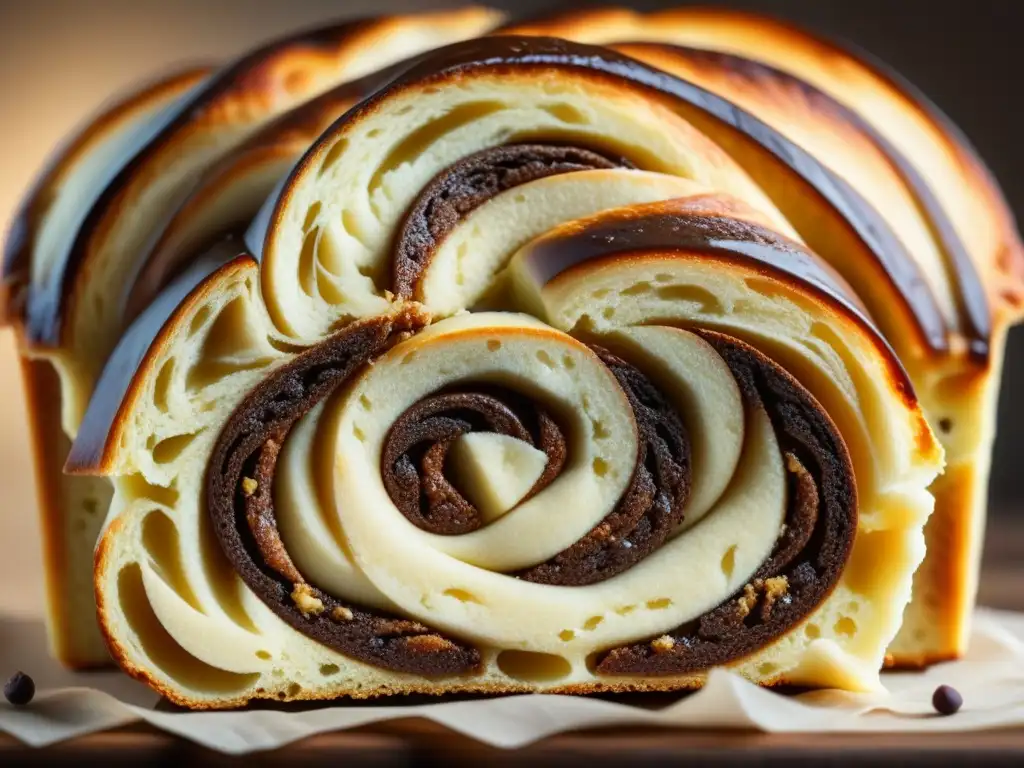 Un babka recién horneado con remolinos de chocolate y canela, corteza dorada y aroma a vainilla