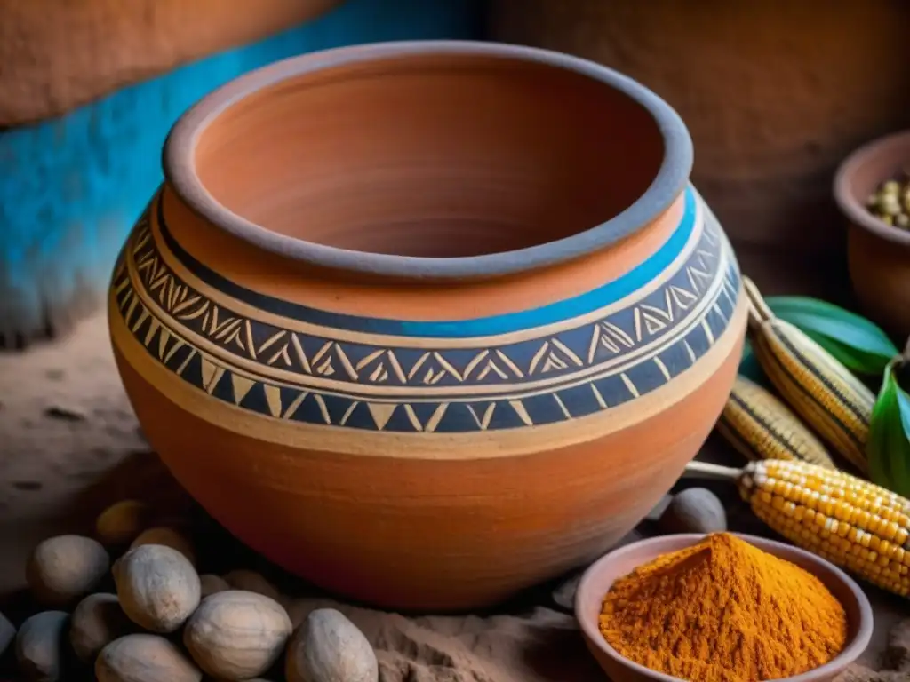 Vaso de fermentación en África: arte tradicional y coloridos ingredientes Un recipiente de fermentación de barro en África con ingredientes como yuca, maíz y plátanos, símbolo de la cocina sostenible
