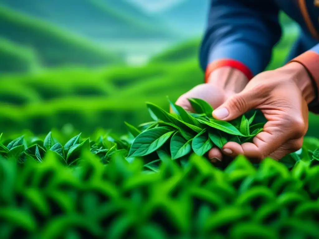 Un recolector de té chino experto cosecha con cuidado hojas de té antiguas en una plantación exuberante, mostrando la historia del té en culturas