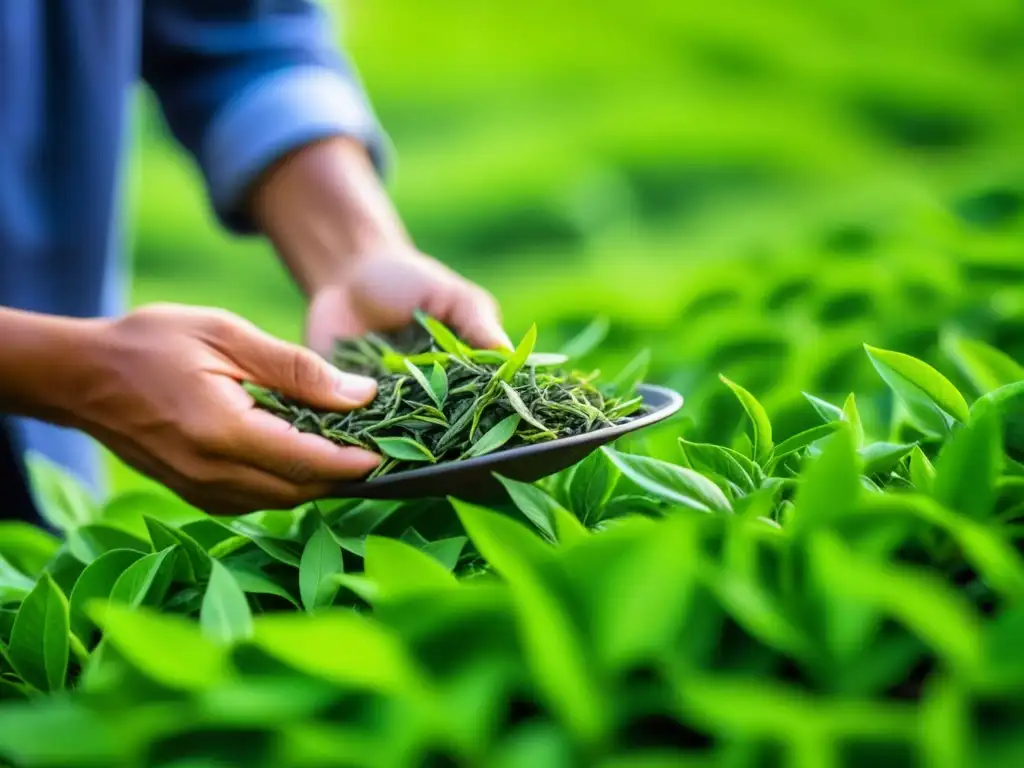 Un recolector cuidadoso selecciona hojas de té verde en una plantación, mostrando la sostenibilidad en la producción de té