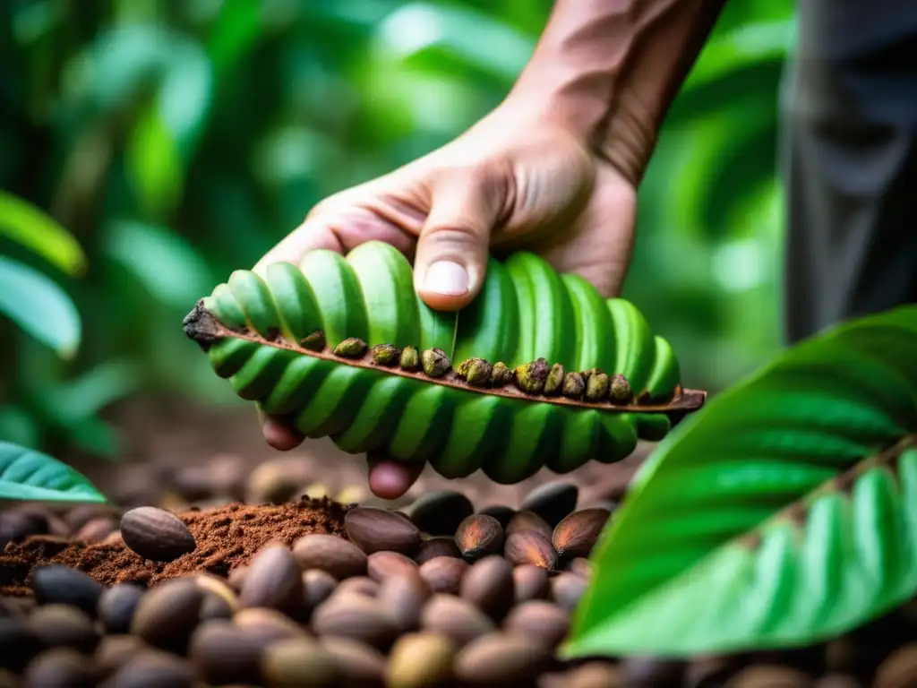 Un recolector local cosechando cacao en una plantación tropical exuberante