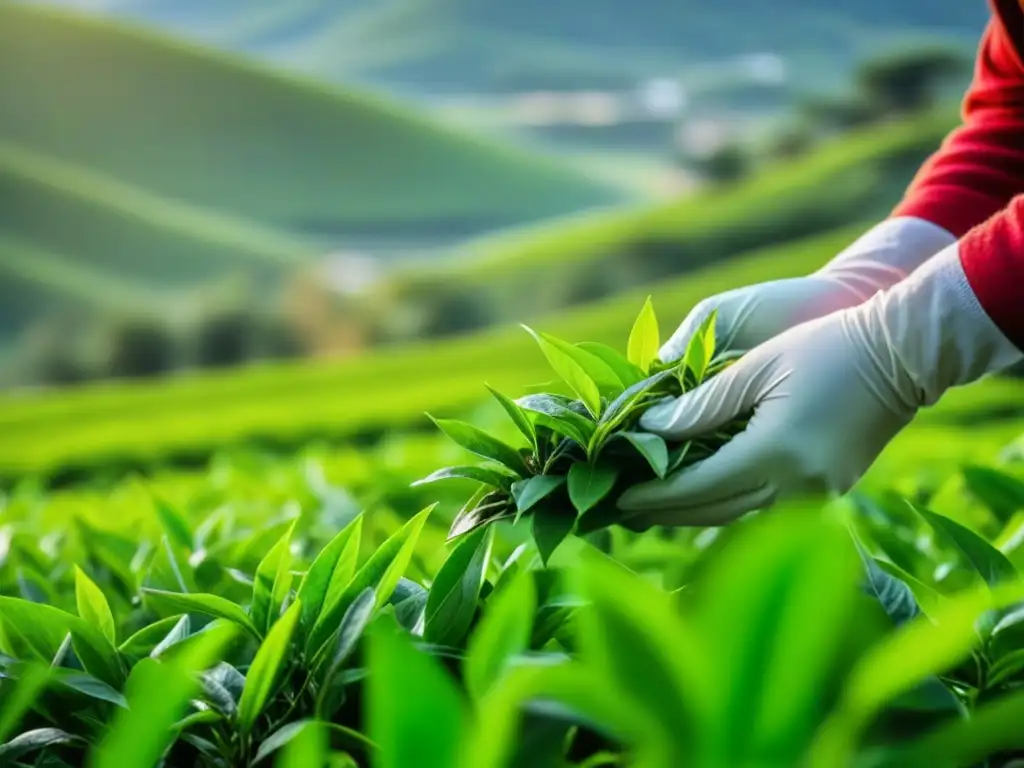 Un recolector de té sostenible recoge hojas verdes bajo la cálida luz matutina