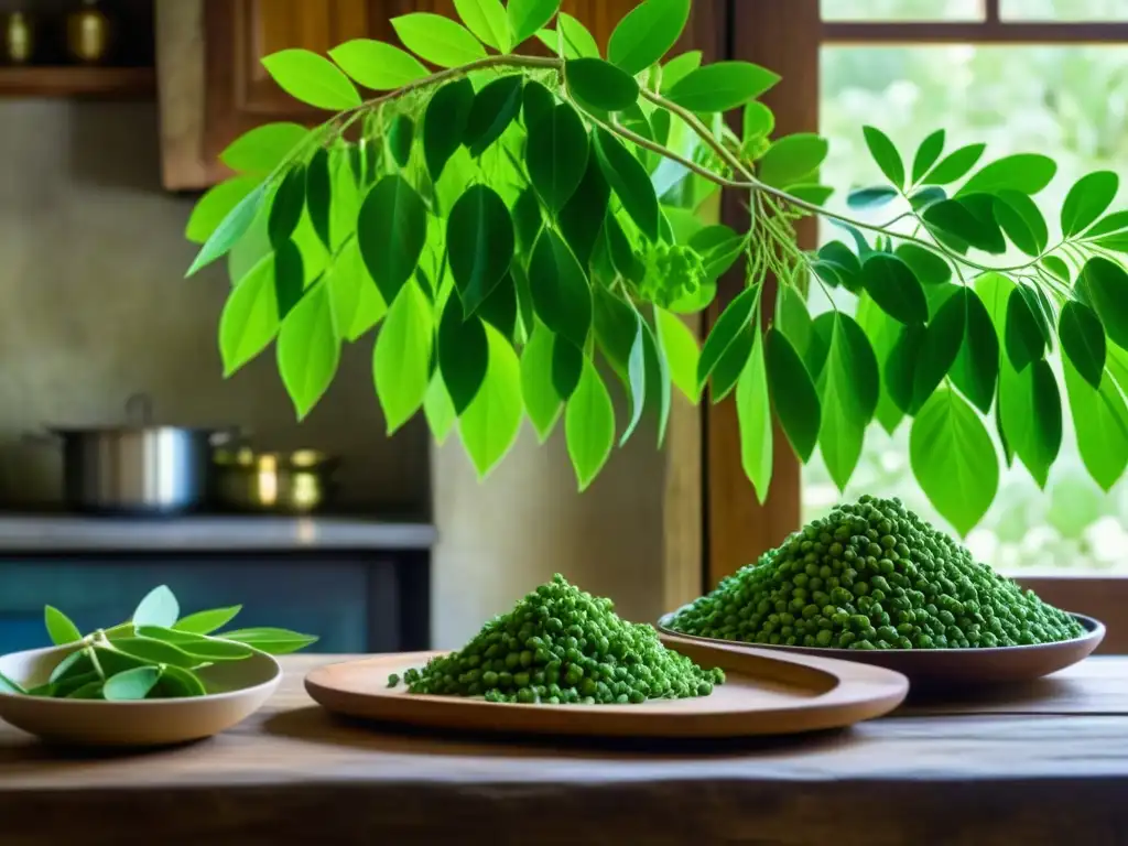 Una red intrincada de hojas verdes de moringa en contraste con una cocina tradicional