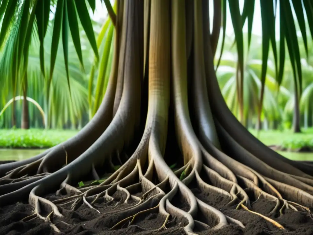 Red intrincada de raíces de palmera de coco, simbolizando sostenibilidad y armonía con la naturaleza, beneficios agua coco hidratante natural