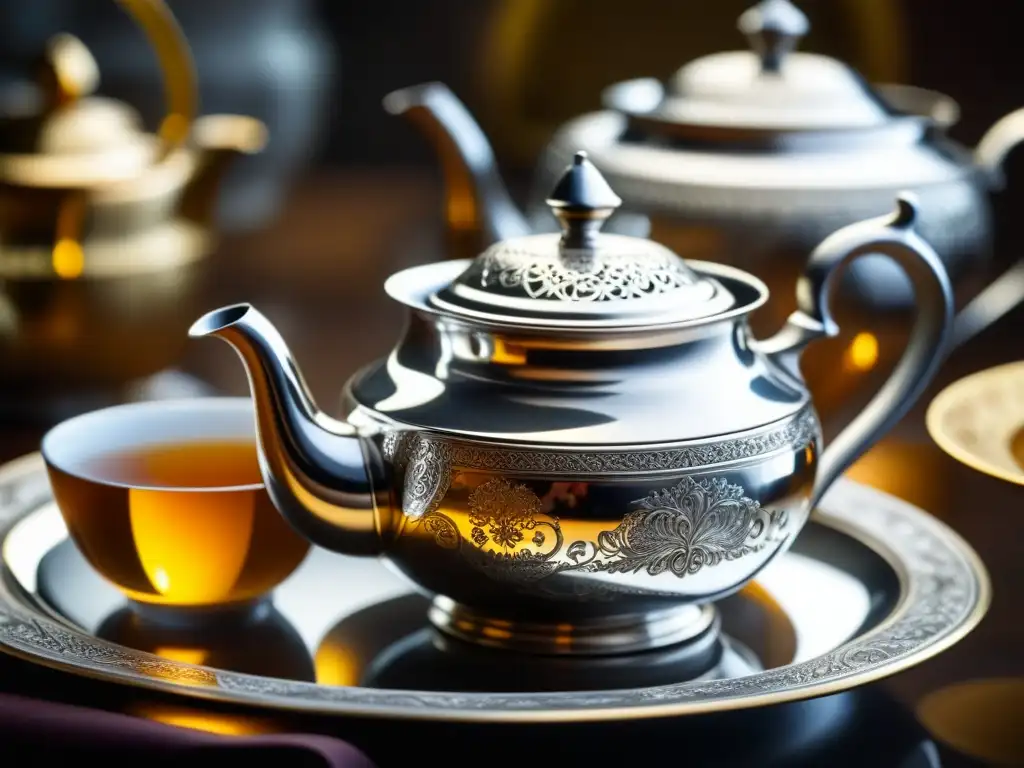 Reflejo de historia en un set de té plateado con vapor, recreación de fiestas históricas con electrodomésticos inteligentes