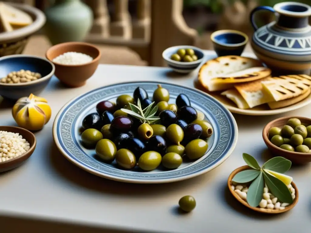 Relevancia dieta costera en la Antigua Grecia: Detalles de una mesa griega con festín de alimentos tradicionales