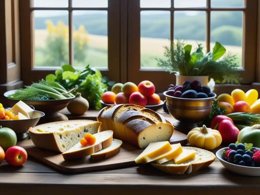 Un festín renacentista de frutas, quesos y pan en una mesa de madera, bañado por la cálida luz del sol