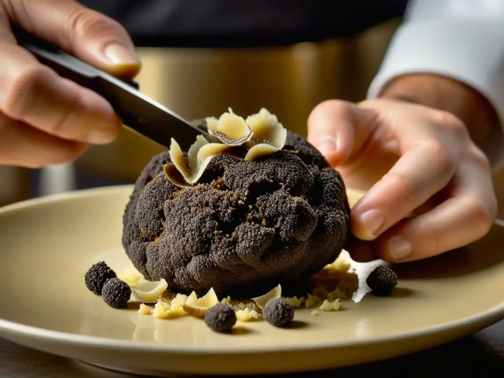 Un renombrado chef cocina con trufas técnicas históricas en una cocina sofisticada y tenue