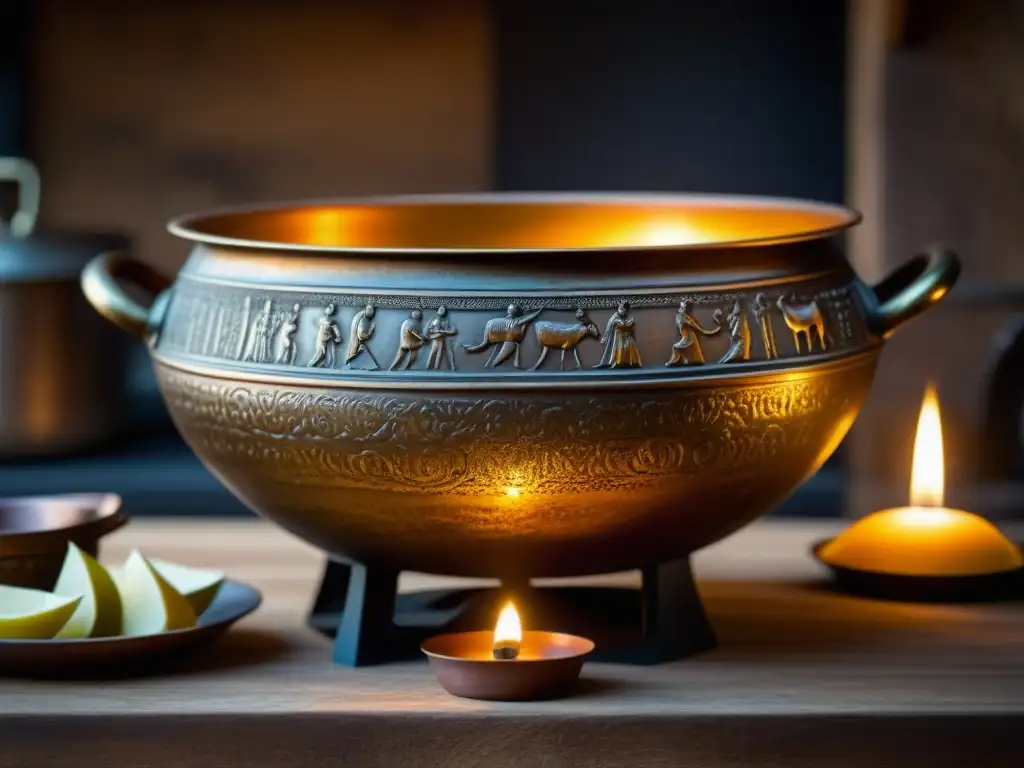Una réplica detallada de una antigua olla de bronce romana, decorada con escenas de un banquete lujoso