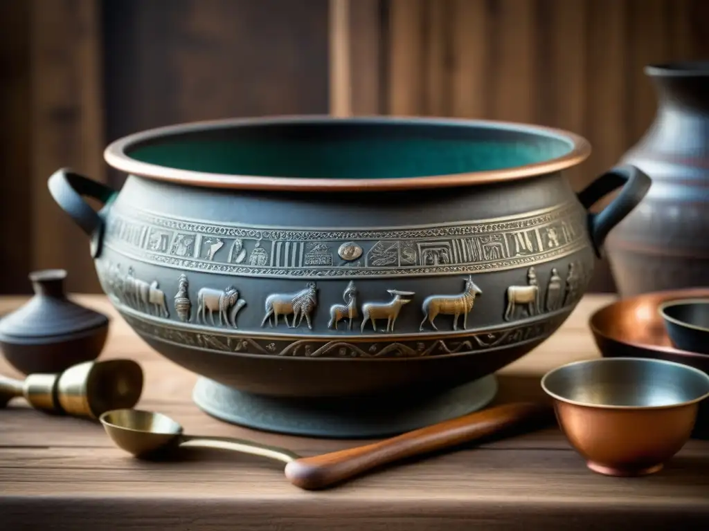 Una réplica detallada de una antigua olla romana de bronce rodeada de utensilios históricos en recetas, sobre una mesa rústica iluminada cálidamente