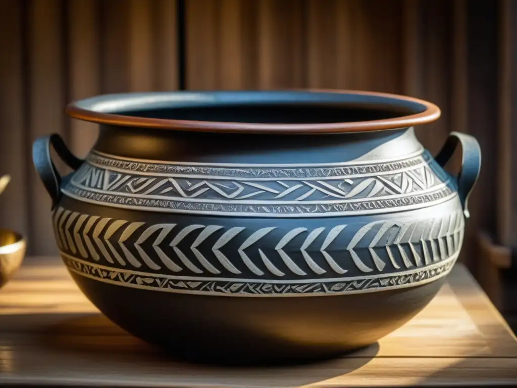 Una réplica detallada de una antigua olla romana en una mesa de madera rústica, resaltando la belleza de integrar utensilios históricos en la cocina