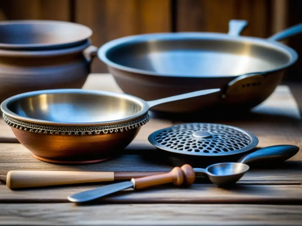 Réplicas de utensilios de cocina de la Antigua Roma detallados en una mesa de madera rústica