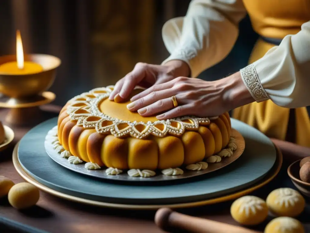 Repostería medieval: manos de un panadero decorando un pastel de mazapán con diseños intrincados