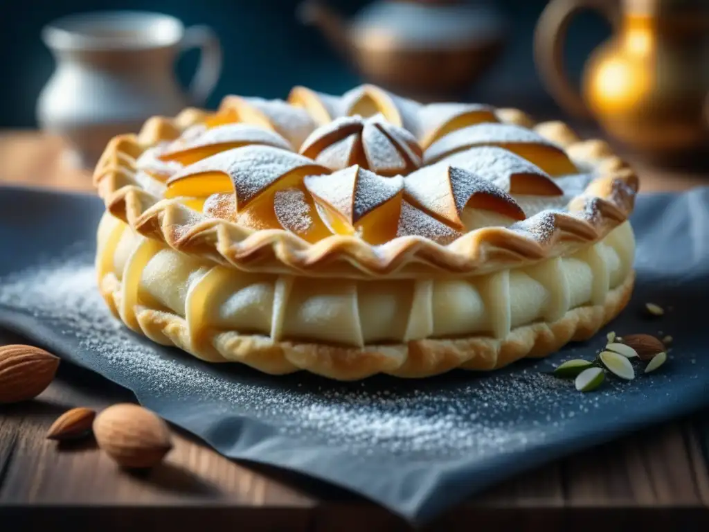 Repostería norteafricana: artesanía de un delicado pastel de almendra marroquí infusionado con agua de rosas, en una cocina rústica soleada