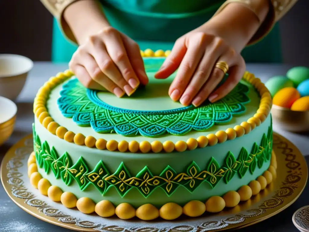 Un repostero eslavo experto decora con detalle una tradicional torta de Pascua, mostrando el significado cultural de la repostería eslava