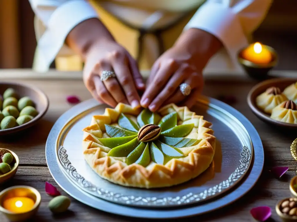 Un repostero experto elabora detalladamente baklava árabe