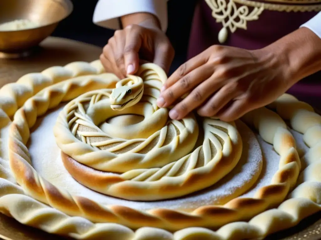 Un repostero marroquí experto moldea un rollo de serpiente en masa, mostrando la precisión en la creación de la M'hancha