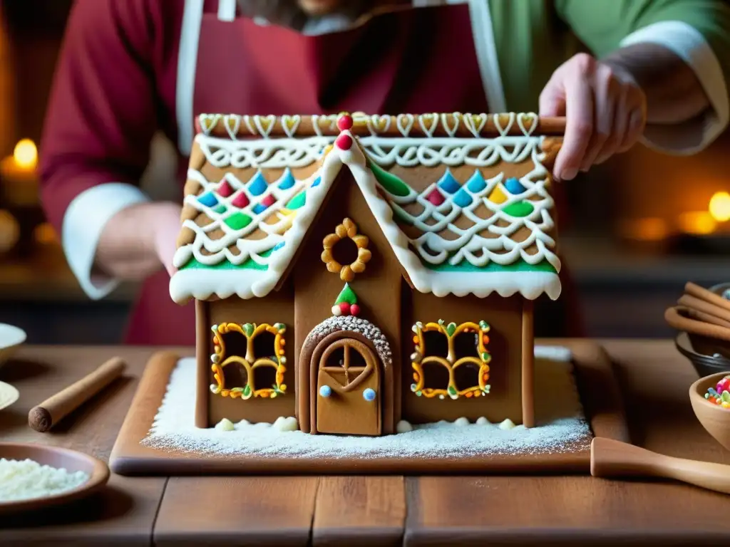 Un repostero medieval decora una casa de jengibre con precisión