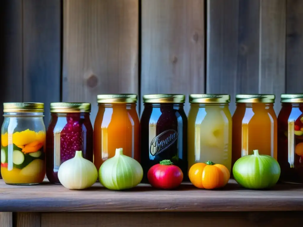 Una representación detallada y colorida de alimentos fermentados en una mesa rústica