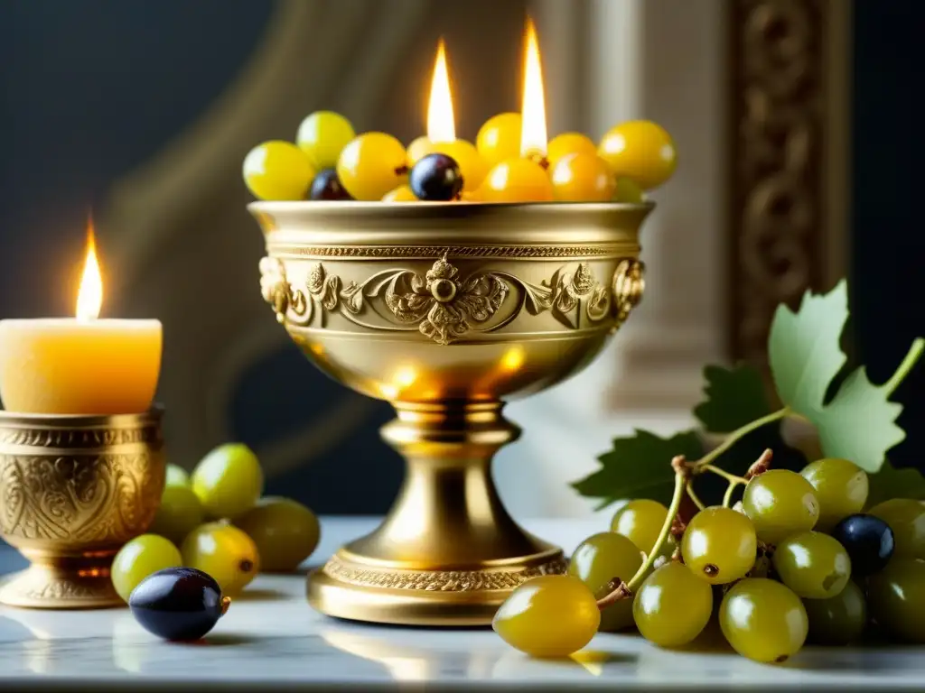 Una representación detallada de una copa dorada rebosante de frutas y granos, rodeada de lámparas de aceite y esculturas de dioses griegos