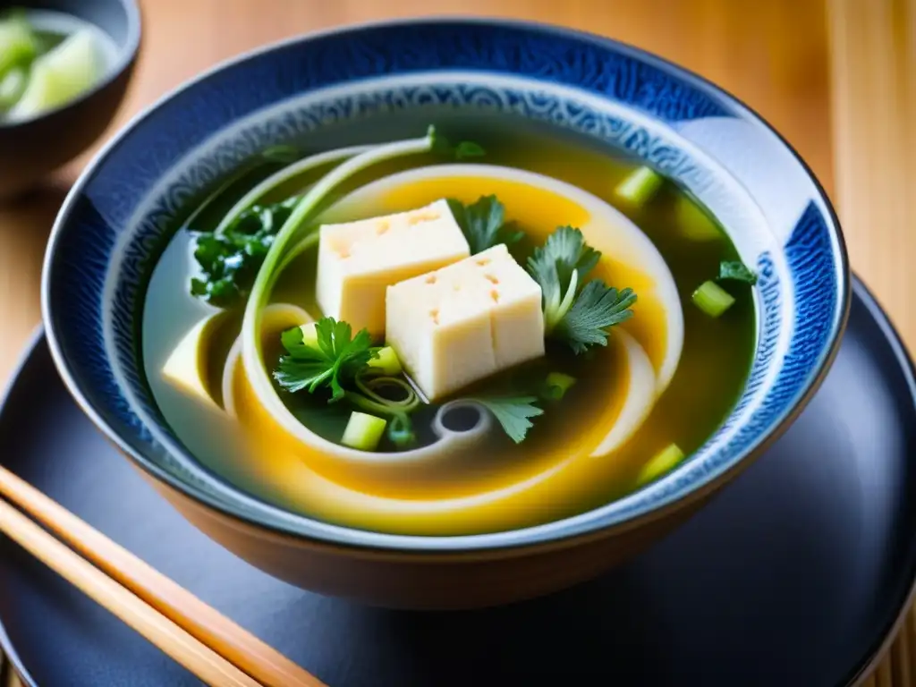 Una representación detallada y evocadora de un bol de sopa miso japonesa, resaltando los sabores del dashi en la cocina japonesa