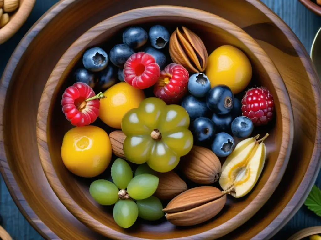 Cuenco vikingo con bayas, nueces y frutas secas Una representación detallada de una fuente de madera rústica llena de frutas, nueces y frutos secos, típica de la dieta vikinga