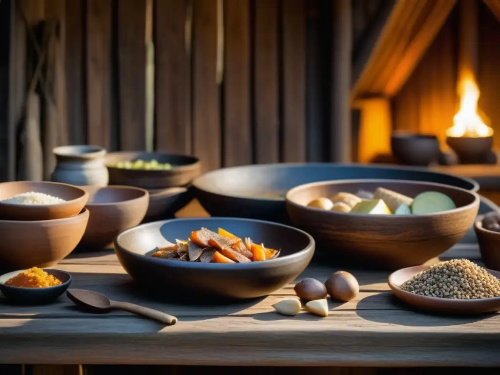 Una representación detallada de una mesa de madera rústica en una casa vikinga, con ingredientes culinarios tradicionales vikingos