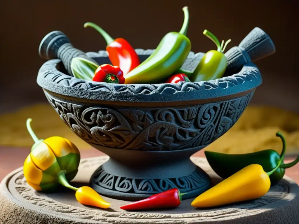 Una representación detallada de un molcajete prehispánico lleno de ingredientes coloridos, resaltando técnicas culinarias ancestrales