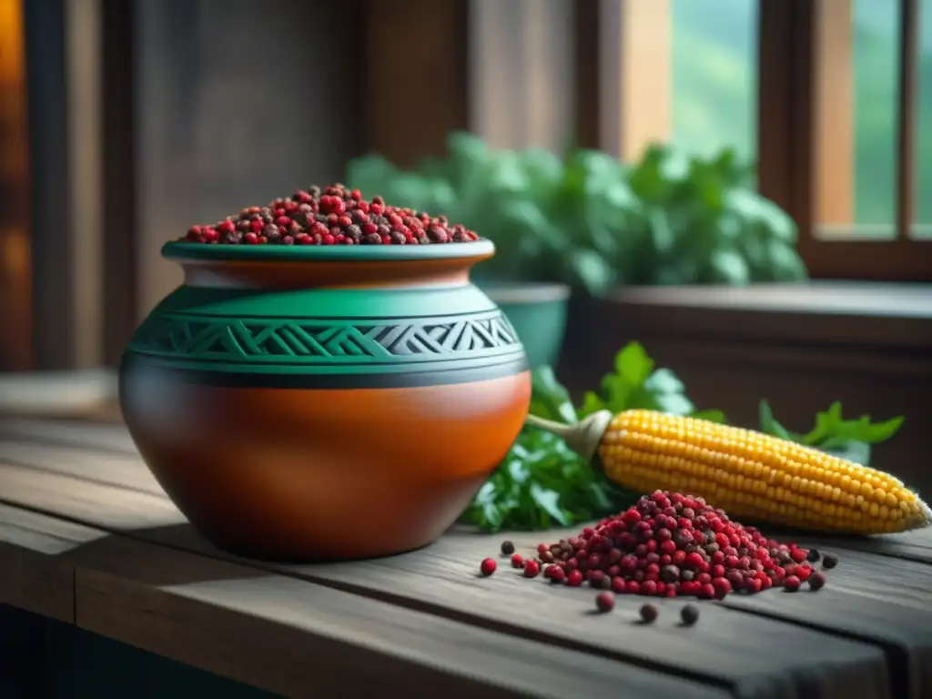 Una representación detallada de una olla maya con semillas de achiote, cilantro, maíz y especias, en una mesa rústica iluminada por la ventana