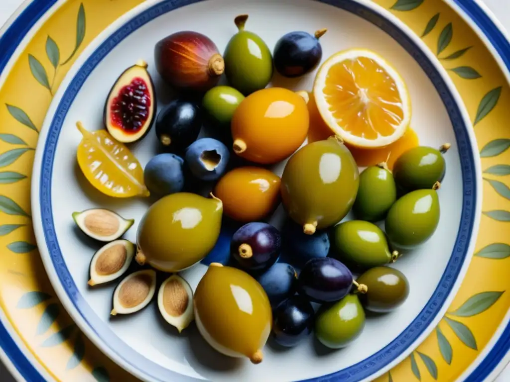 Una representación detallada de un plato de cerámica griega antigua con ingredientes vibrantes que simbolizan la salud mental y el bienestar