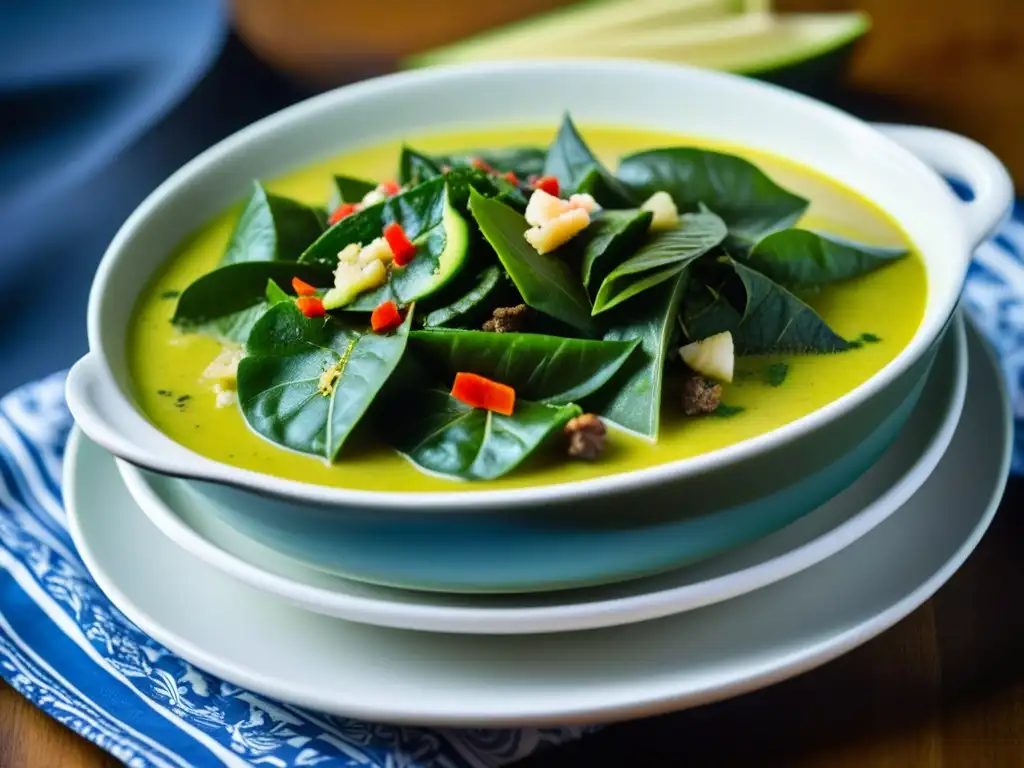 Una representación detallada de un plato vibrante de callaloo trinitario con ingredientes africanos en cocina Trinidad