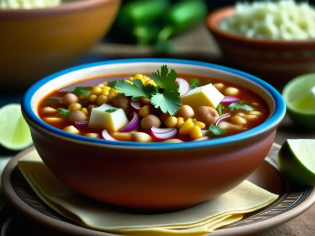 Una representación detallada en 8k del pozole mexicano en un tazón de barro prehispánico, resaltando sus colores y texturas