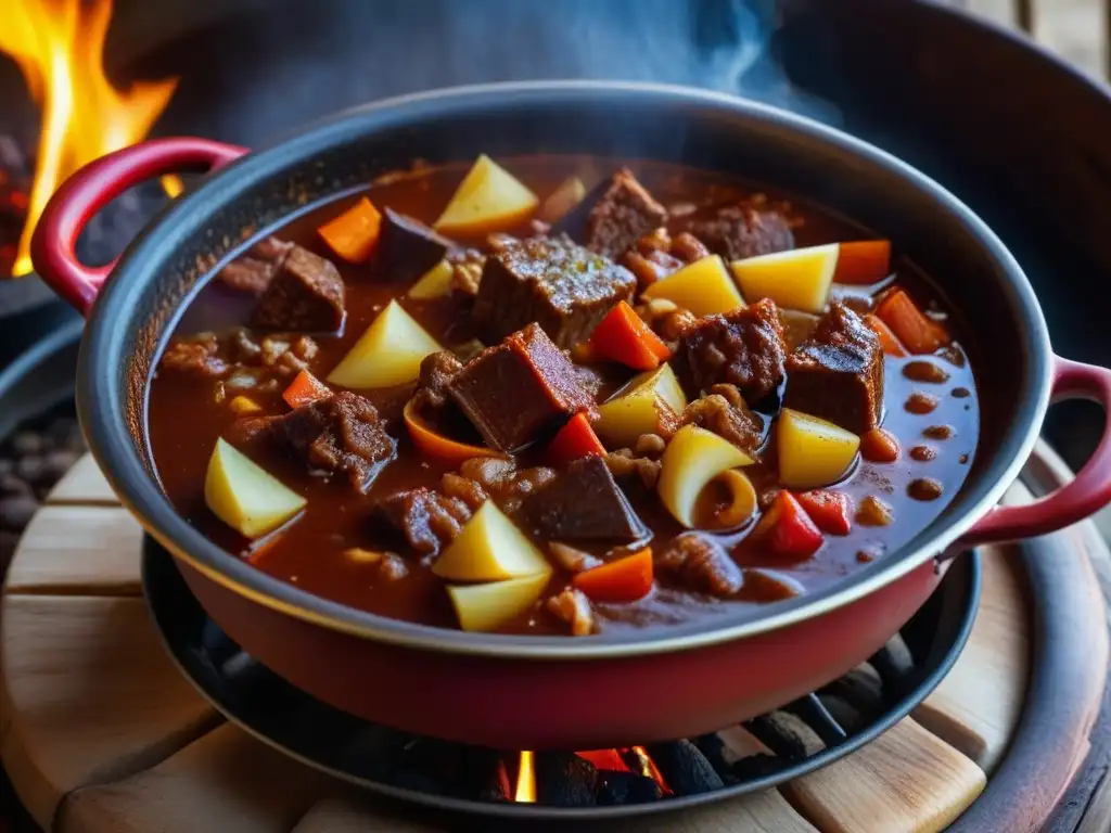 Una representación detallada y realista de un gulash húngaro tradicional, con colores intensos y vapor evocador