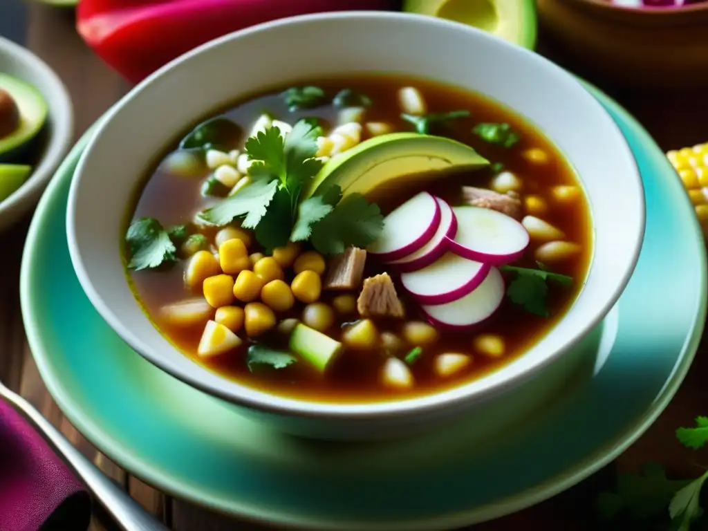 Una representación detallada de un tazón humeante de pozole, destacando los colores y texturas vibrantes de este platillo mexicano tradicional