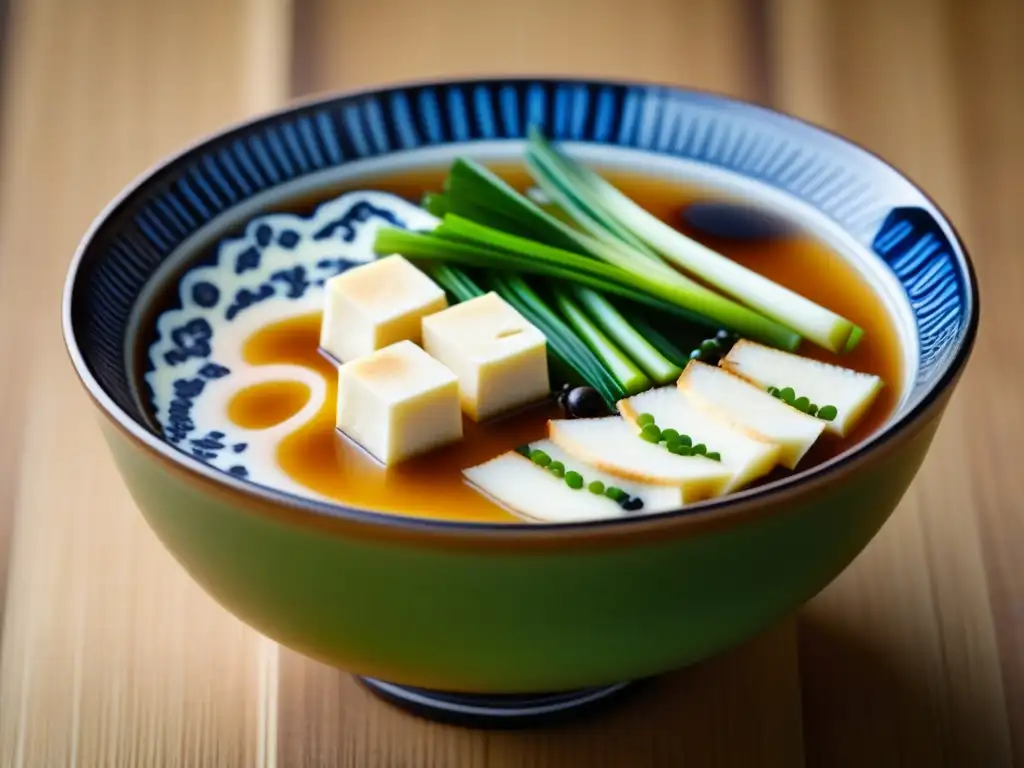 Una representación detallada de un tazón japonés con sopa de miso, tofu, cebollino y setas shiitake