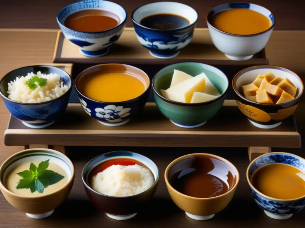 Una representación detallada de varios tipos de pasta de miso en cuencos cerámicos japoneses tradicionales