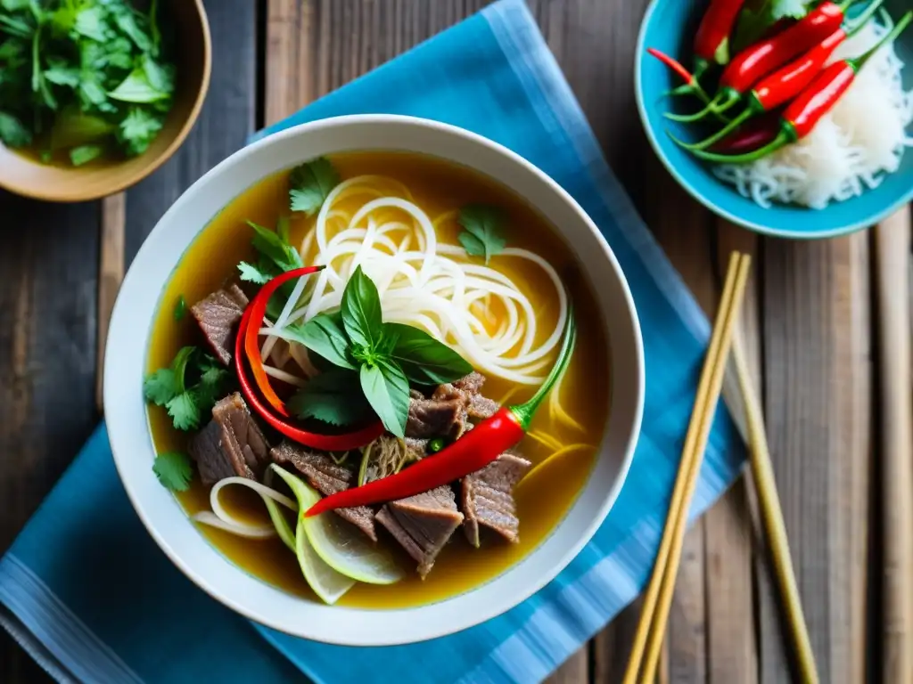 Una representación detallada y vibrante de la historia del Bún bò Huế, con ingredientes frescos y coloridos sobre una mesa rústica