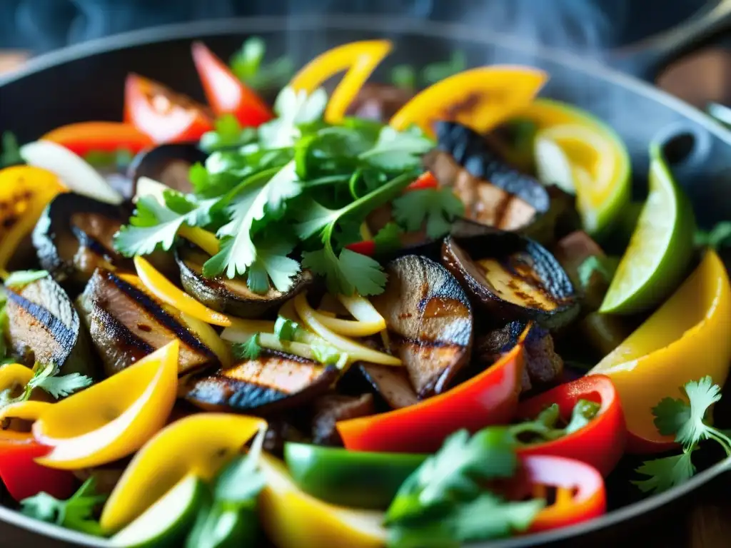 Una representación detallada y vibrante de una sartén de fajitas, con colores y texturas tentadoras