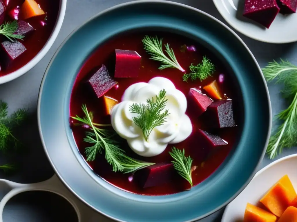 Una representación detallada y vibrante de un tazón de sopa borsch rusa, resaltando su color rojo intenso y sus ingredientes