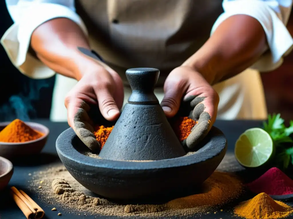 Rescate de recetas aztecas históricas: Chef maneja artefactos aztecas con especias vibrantes