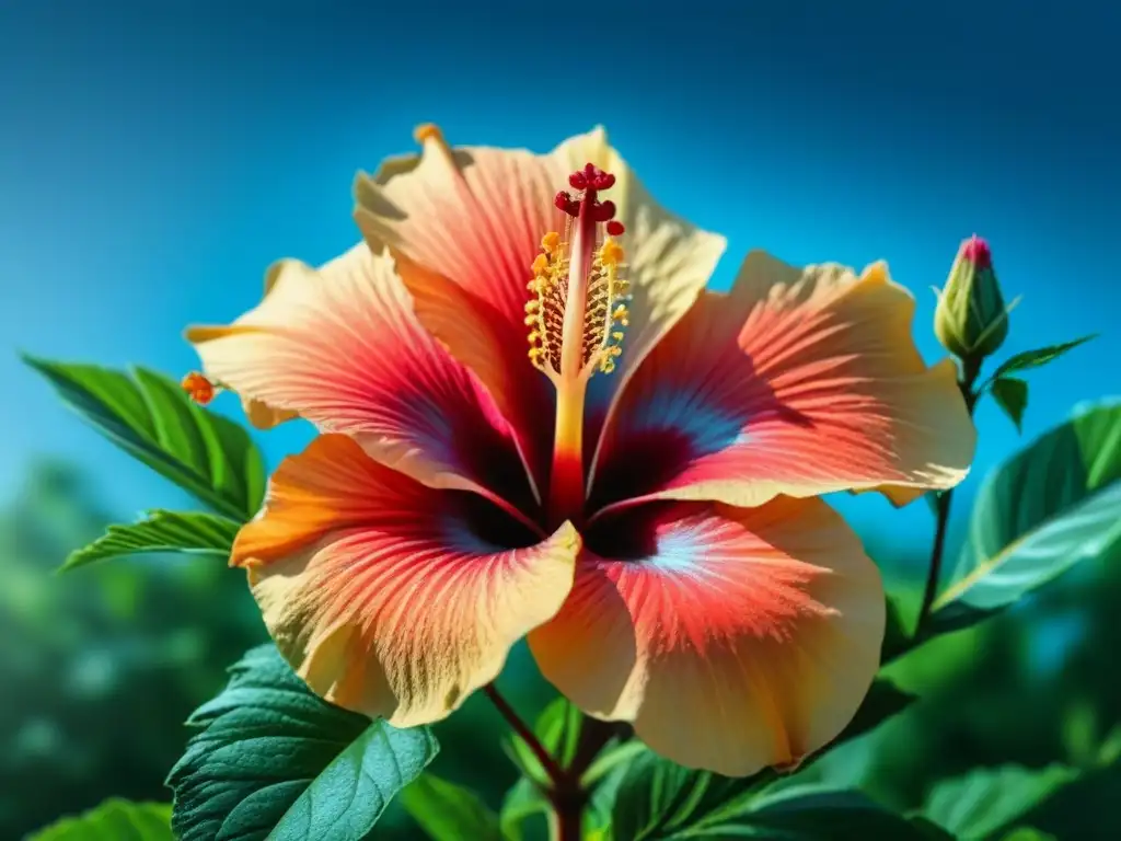 Un resurgimiento de la belleza natural: un hibisco rojo vibrante en plena floración bajo el sol, rodeado de exuberante vegetación y cielo azul