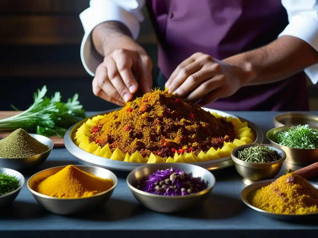 Resurgimiento cocina Mughal siglo XXI: Chef experto crea plato tradicional con especias y colores vibrantes