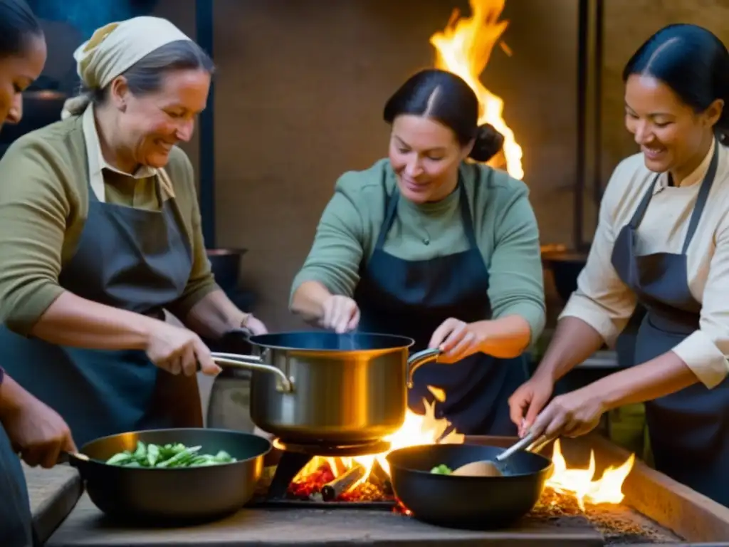 Un retrato cercano de mujeres en una cocina improvisada durante la guerra, mostrando innovación culinaria en tiempos de conflicto