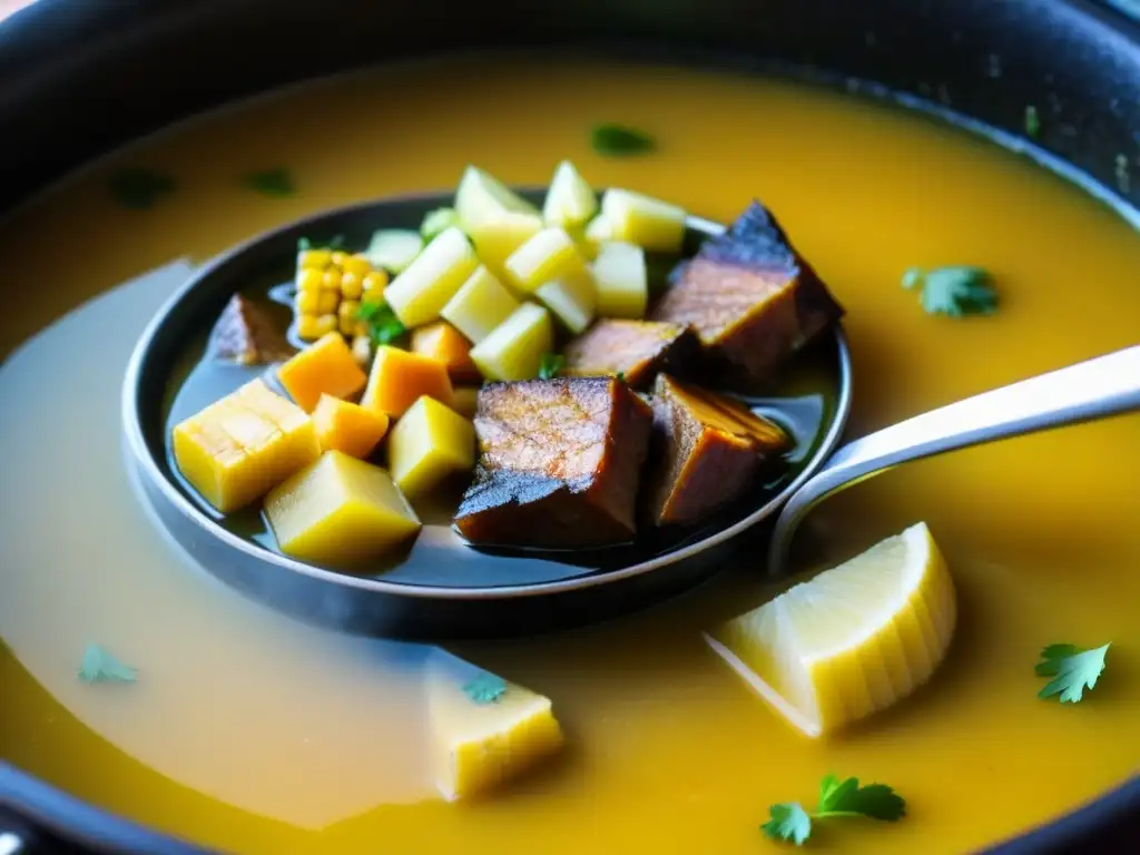 Un retrato cercano de un sancocho humeante, representando el mestizaje culinario de la cocina criolla colonial